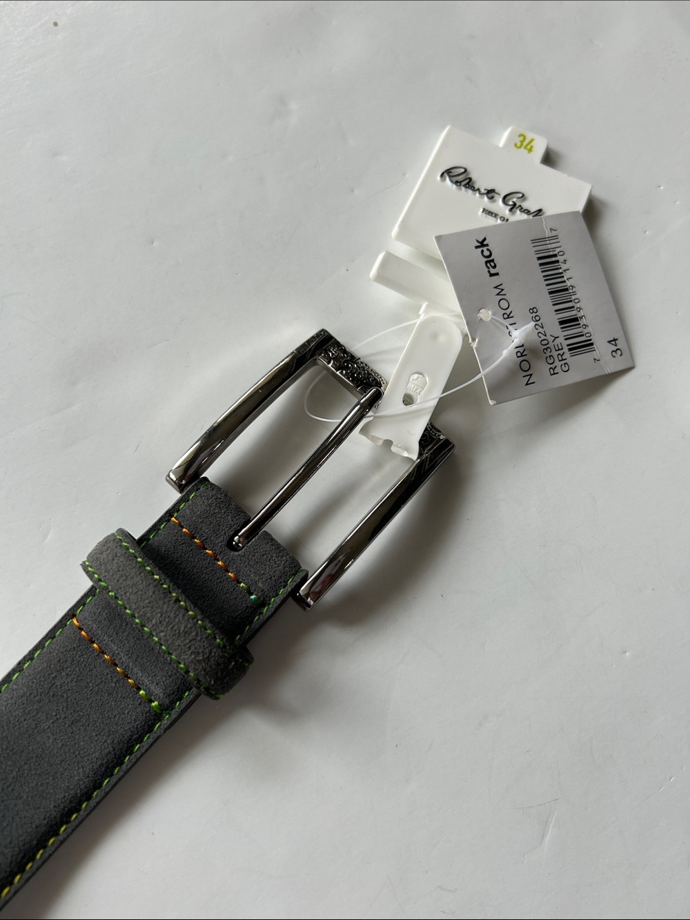 Robert Graham Gray Leather Suede Belt with Green & Orange Stitching sz 34 - Picture 3 of 8